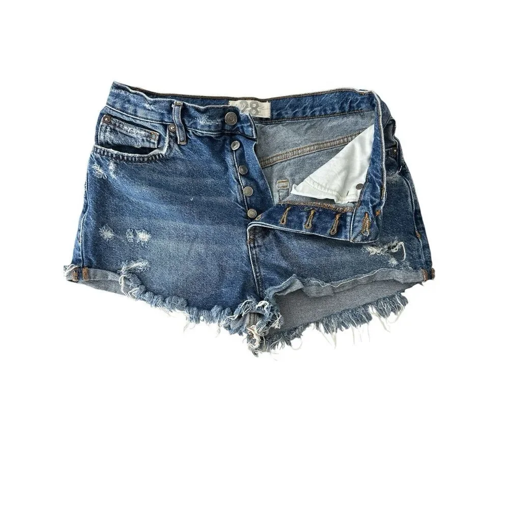 We The‎ Free Jean Shorts Women 28 Blue Denim Distressed Cut Off Button Fly